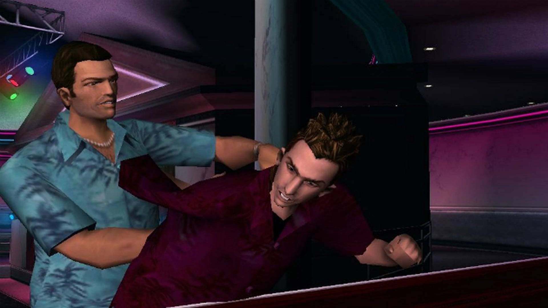 Tommy Vercetti tackles Kent Paul sa Grand Theft Auto: Vice City | Imahe ng kredito: Mga Larong Rockstar