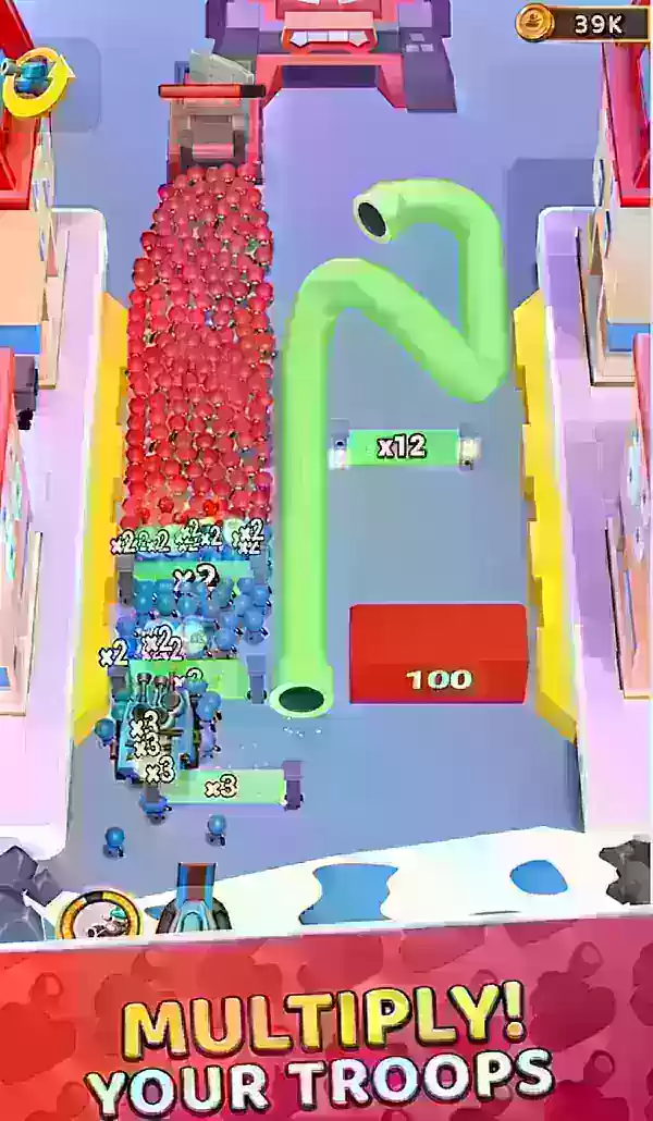 Grunt Rush screenshot na nagpapakita ng mga asul na yunit na gumagawa ng kanilang paraan sa pamamagitan ng mga multiplier gate.