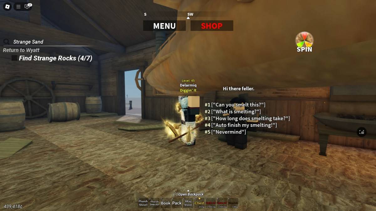 Un Jugador interactuando con el NPC fundidor en Desert Detectors