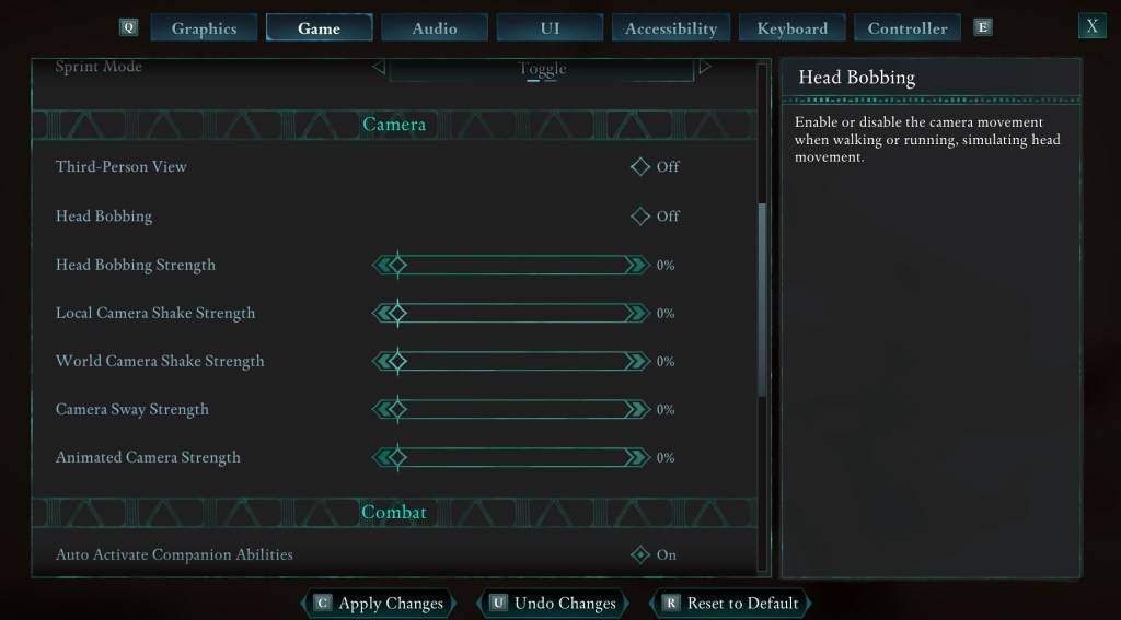 Ein Bild, das das Einstellungsmenü mit dem Rahmen einer Anleitung zum Reduzieren von Bewegungskrankheiten beim Spielen des Spiels zeigt.