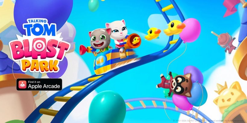 Blast Rakoonz đi trong Talking Tom Blast Park, hiện có sẵn trên Apple Arcade