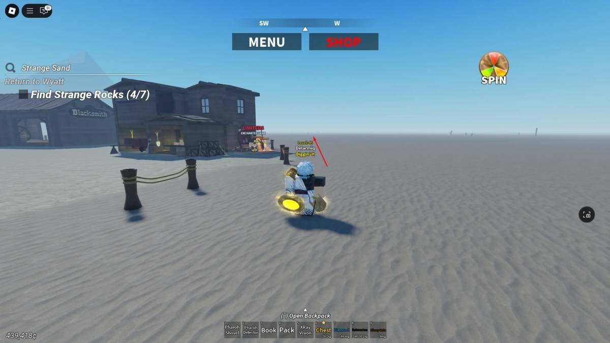 Un Jugador mostrando el camino hacia las Pirámides en Desert Detectors