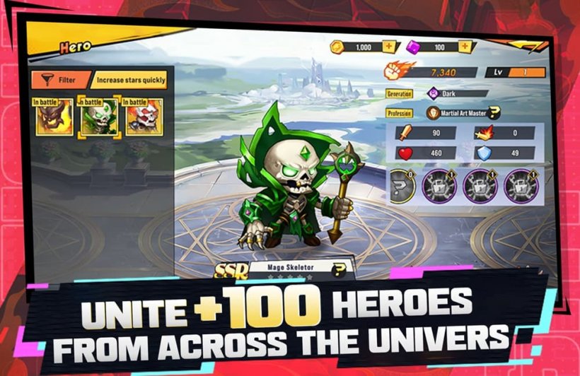 A screenshot of Heroes United showing a skeletal mage being selected for battle