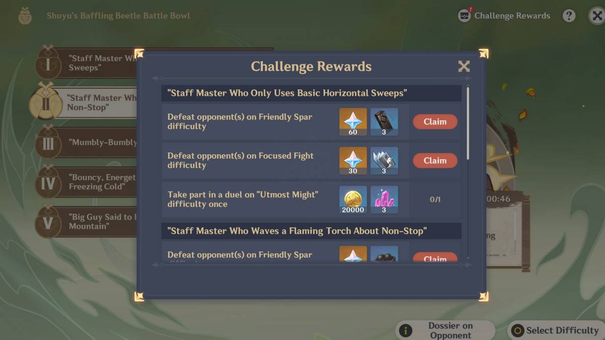 A screenshot from Genshin Impact met de Challenge Rewards-sectie van het Shuyu's Baffling Beetle Battle Bowl-evenement.