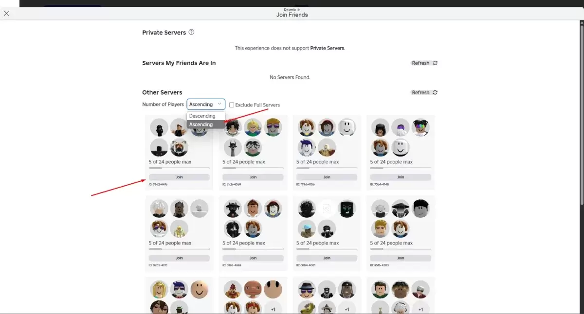 Menu lựa chọn máy chủ bloxspin roblox