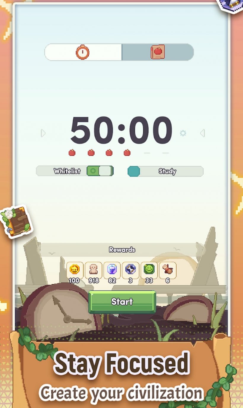 A screenshot of a timer in Age of Pomodoro counting down, showing buttons to enhance focus options