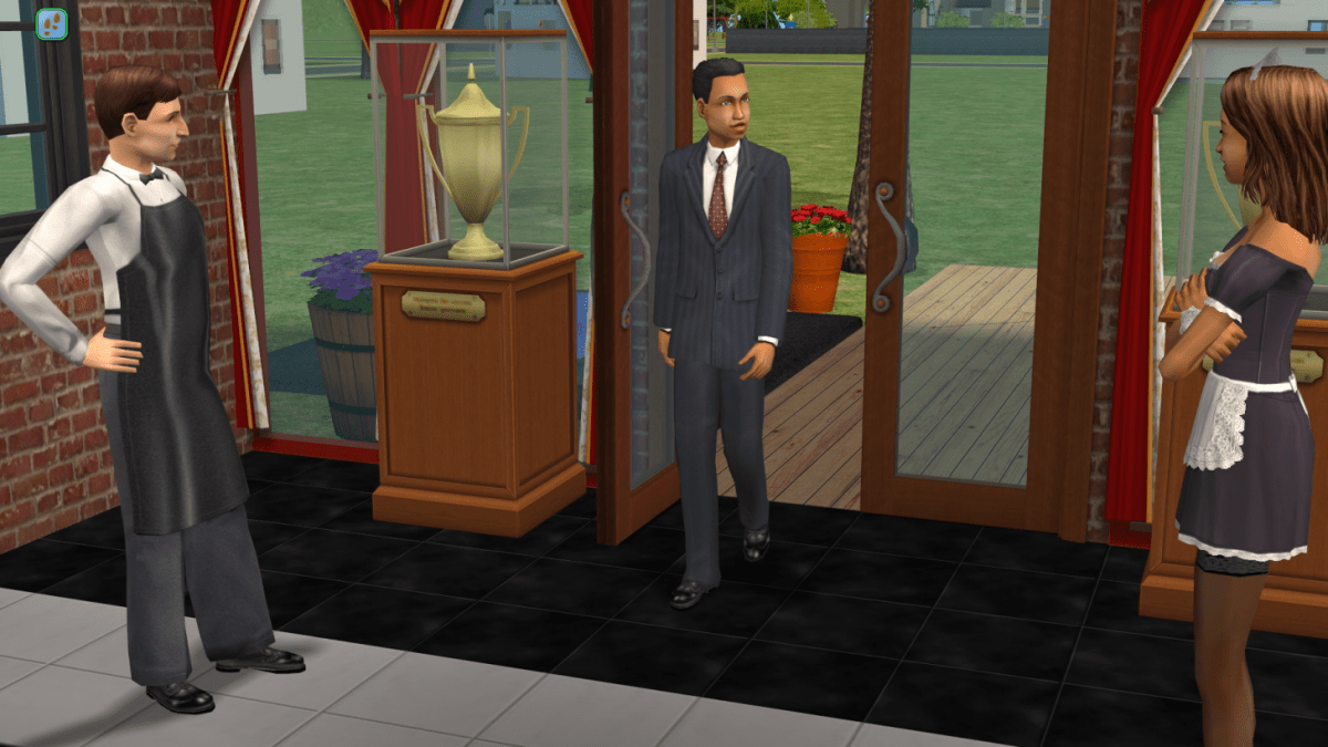 Sim character entering restaurant in The Sims 2 for cheat code guide