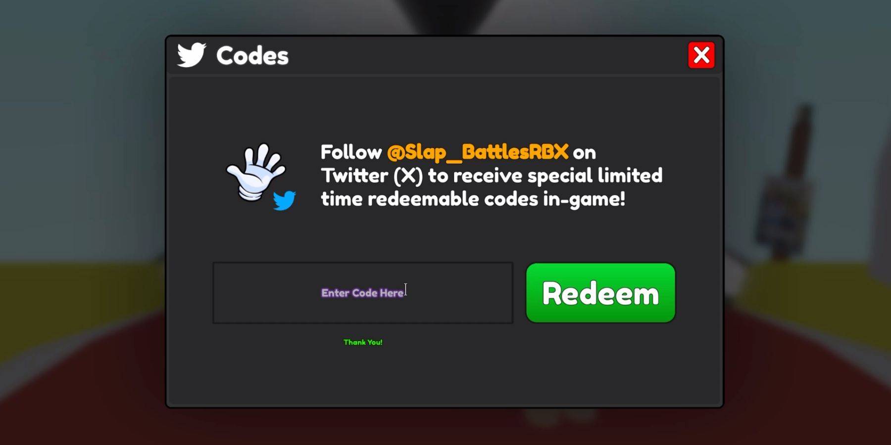 Slap Battles Code Redemption Menu