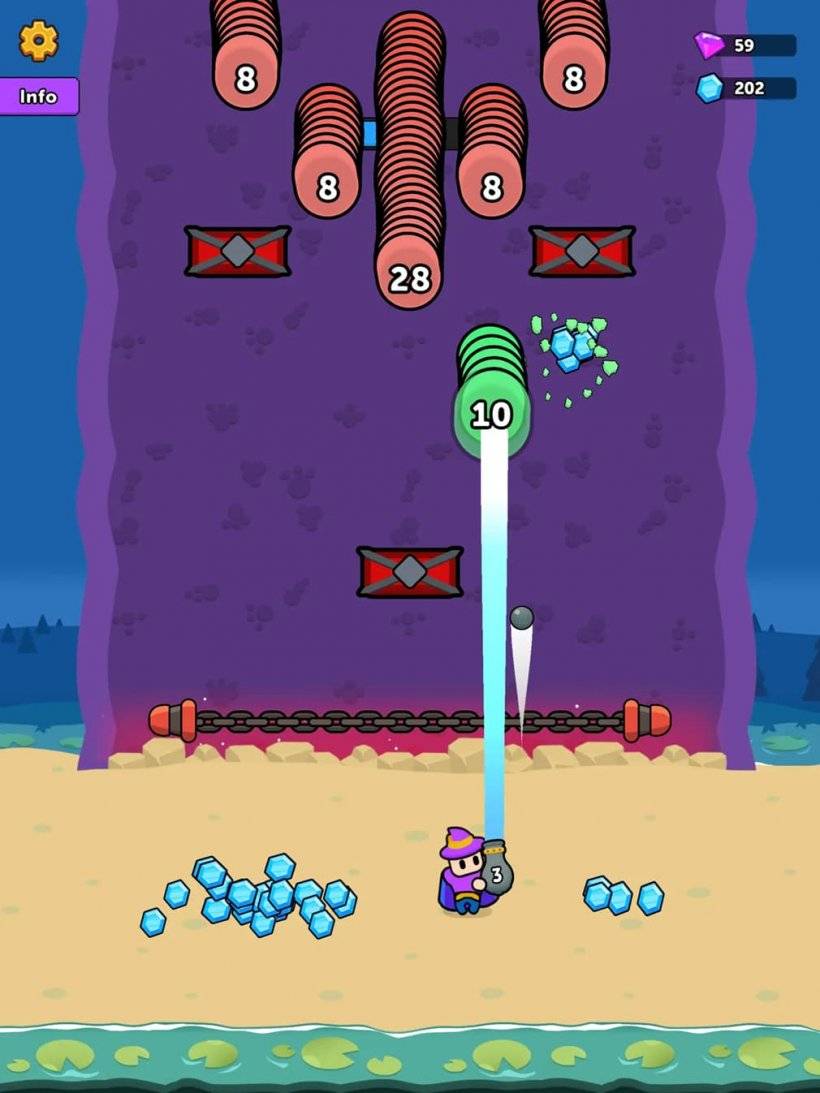 A screenshot of Hero Dash: RPG in action showing a small figure standing below a chain fence launching missiles at crystals